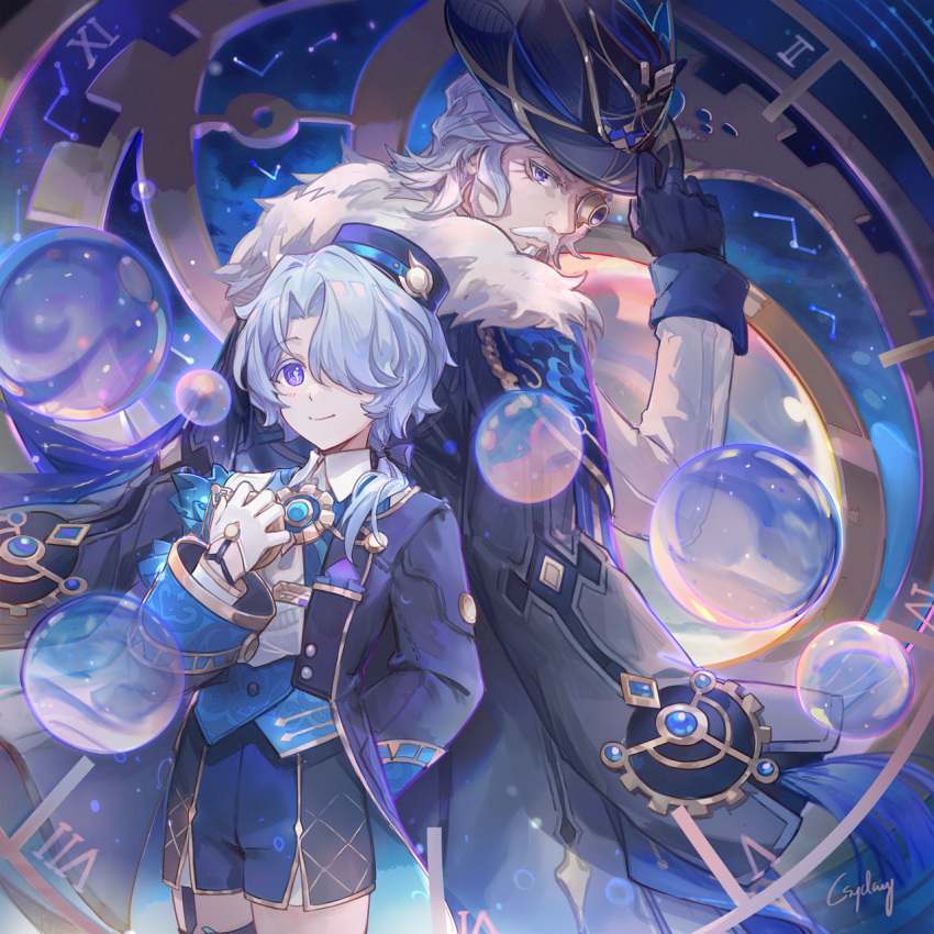 1boy, black_bow, black_hat, blue_hair, blue_vest, bow, colored_eyelashes, csyday