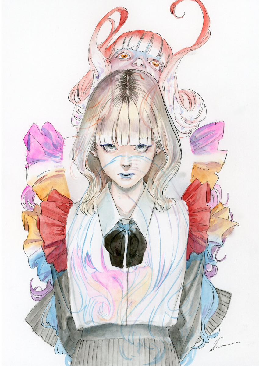 2girls, blonde_hair, blue_lips, dark_roots, highres, katou_souichirou, medium_hair, multiple_girls