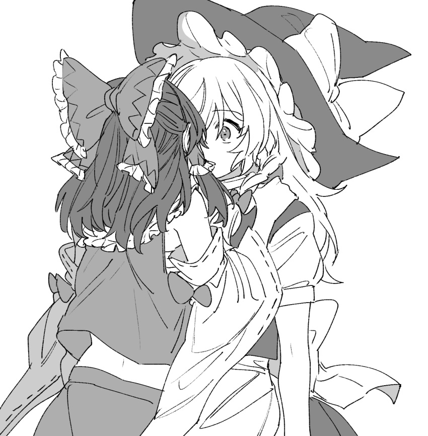 2girls, apron, bow, braid, chest_sarashi, commentary_request, detached_sleeves, frilled_bow