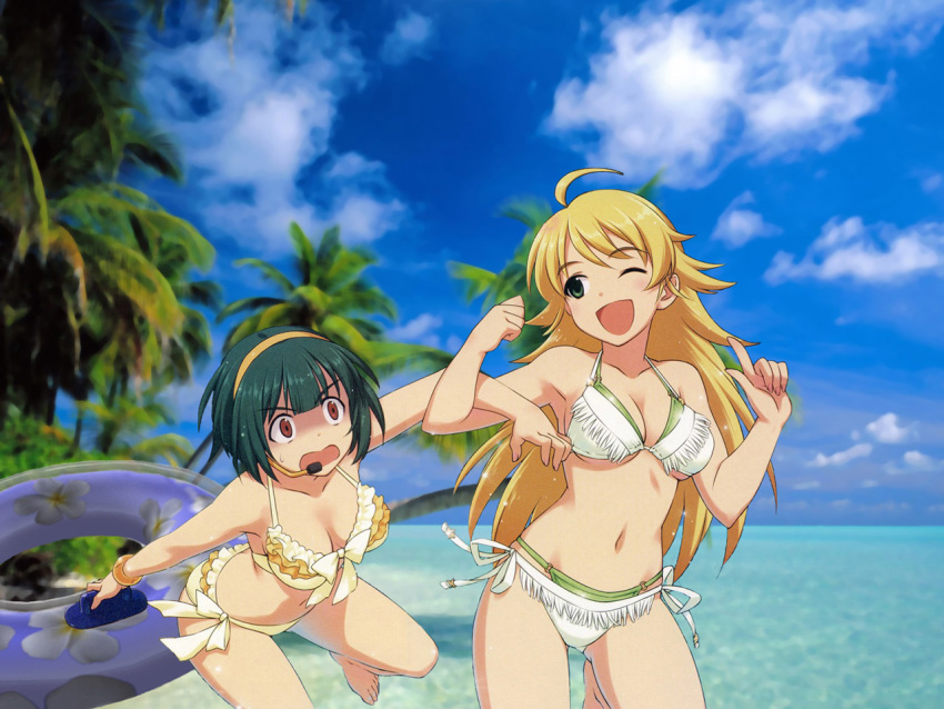:d, ahoge, artist_request, barefoot, beach, bikini, blonde_hair, dengeki_g's_magazine