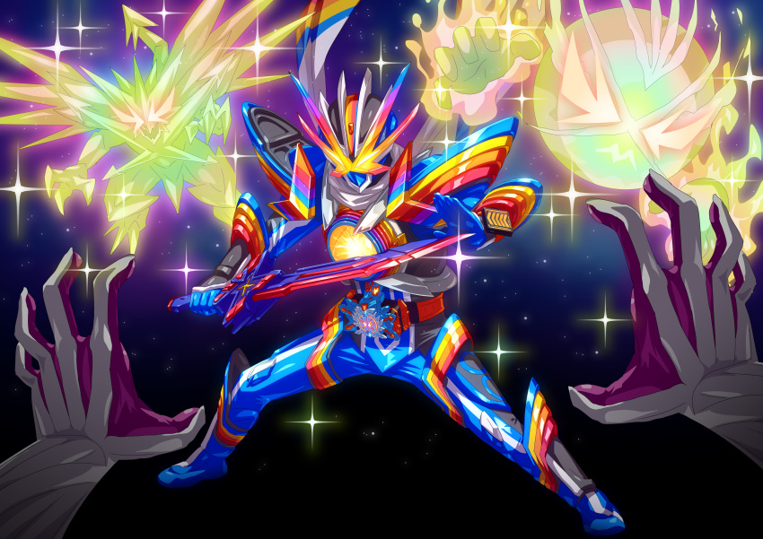1boy, absurdres, armor, aura, compound_eyes, dragon, driver_(kamen_rider), gotcha_driver