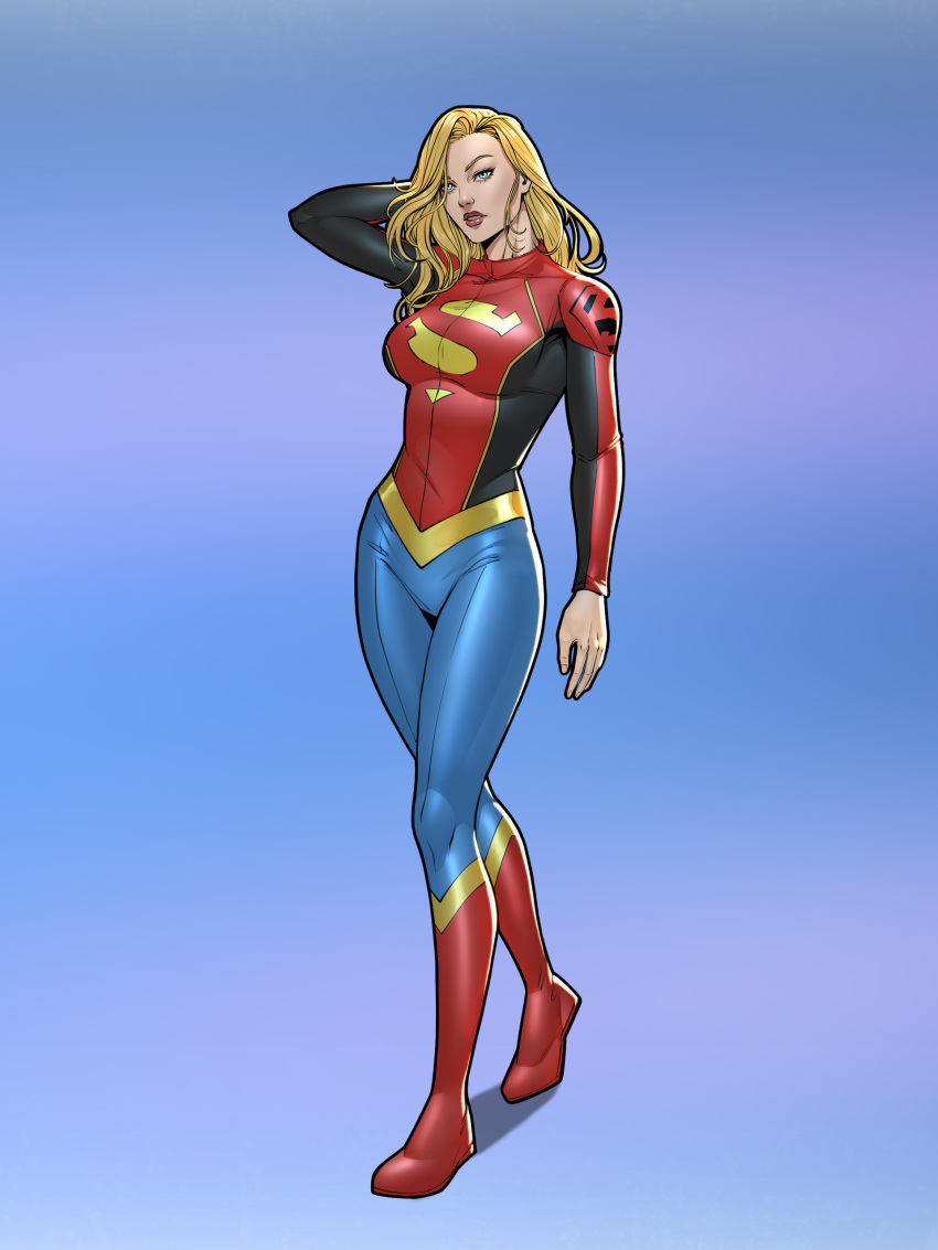 1girl, absurdres, blonde_hair, bodysuit, dc_comics, full_body, gradient_background, hand_in_own_hair, highres, invictarex, long_hair, multicolored_bodysuit, multicolored_clothes, solo, supergirl, superman_(series), superman_logo