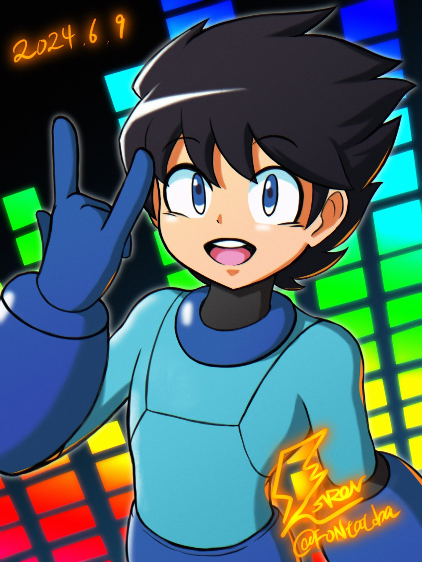 1boy, android, artist_logo, artist_name, black_hair, blue_bodysuit, blue_eyes, bodysuit