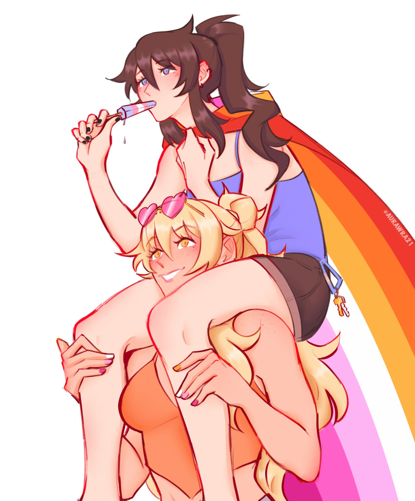 absurdres, aurora_(aurawra21), blonde_hair, blue_eyes, breasts, brown_hair, carrying, class_of_09, crop_top, eyewear_on_head, food, heart, heart-shaped_eyewear, highres, jecka_(class_of_09), lesbian_flag, long_hair, nail_polish, nicole_(class_of_09), popsicle, shorts, shoulder_carry, simple_background, sleeveless, smile, sunglasses, transgender_flag, white_background, yellow_eyes, yuri