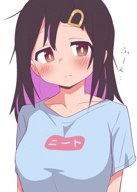 1girl, black_hair, blue_shirt, blush, brown_eyes, collarbone, colored_inner_hair, commentary
