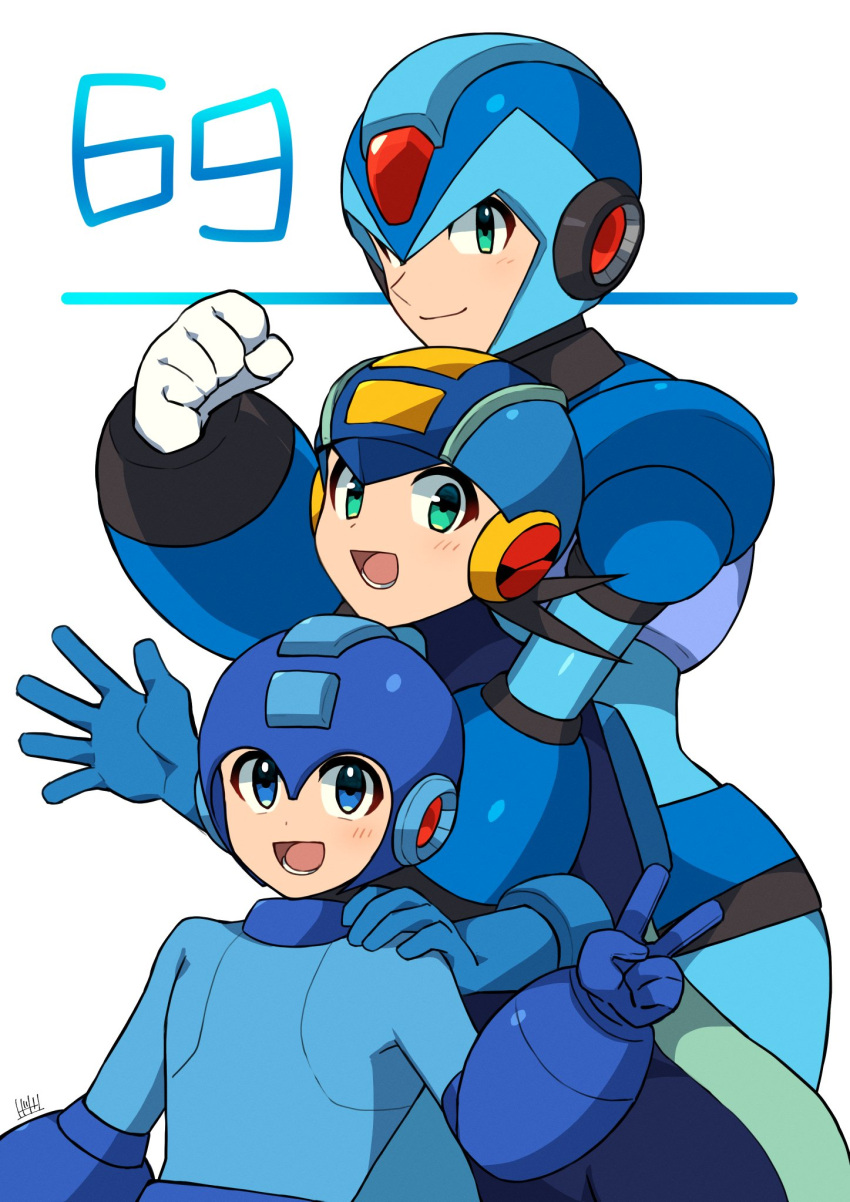 3boys, armor, black_hair, blue_armor, blue_bodysuit, blue_eyes, blue_helmet, bodysuit