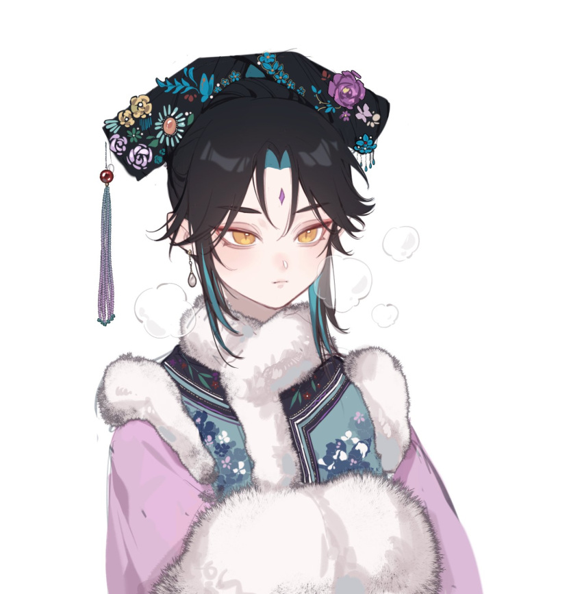 aegyo_sal, alternate_costume, alternate_hairstyle, androgynous, aqua_hair, black_hair, chinese_clothes, crossdressing