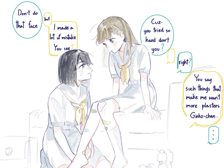 ..., 2girls, bandaid, bandaid_on_knee, bandaid_on_leg, black_hair, blunt_bangs, blunt_ends
