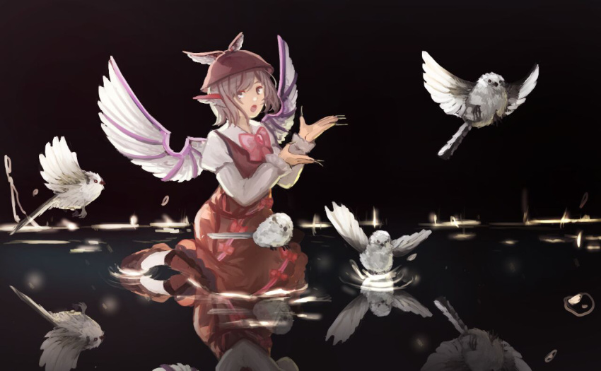 1girl, animal, animal_ears, bird, bird_ears, bird_wings, black_footwear, black_nails