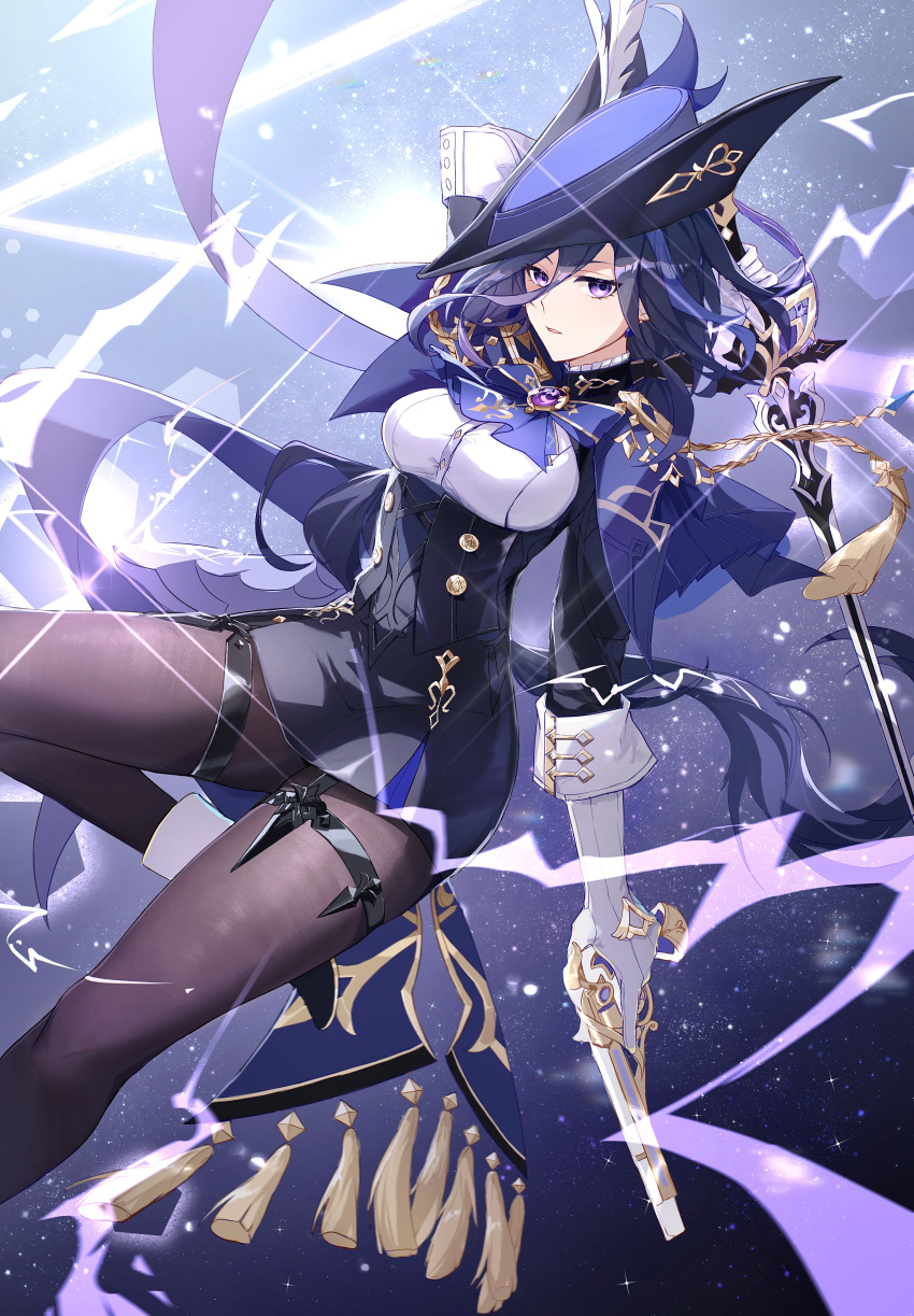 1girl, absolution_(genshin_impact), absurdres, black_skirt, breasts, clorinde_(genshin_impact), corset, genshin_impact, gloves, gun, handgun, hat, hat_feather, highres, holding, holding_gun, holding_sword, holding_weapon, looking_at_viewer, medium_breasts, miniskirt, pantyhose, pencil_skirt, purple_hair, skirt, solo, sword, thigh_strap, tricorne, violet_eyes, weapon, white_background, white_gloves, yimi_(jwee7342)