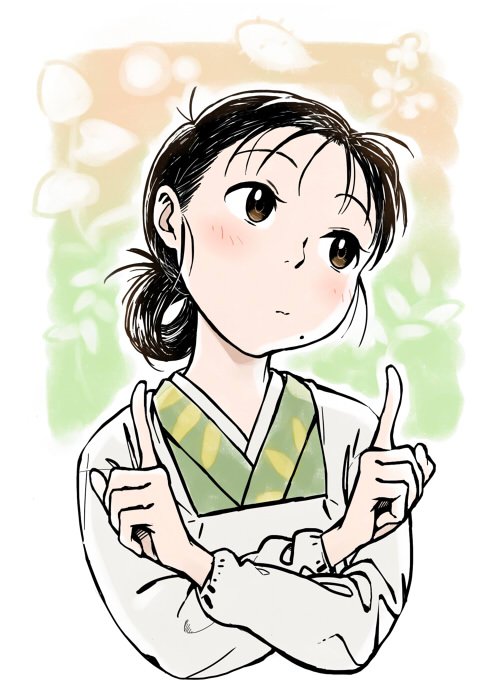 1girl, apron, black_hair, blush, brown_eyes, hair_rings, index_finger_raised, kahadu_(kawazu)