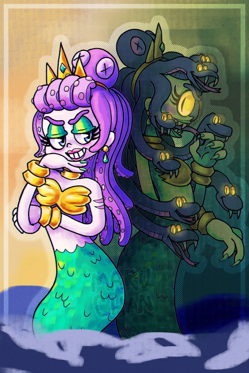 1girl, cala_maria_(cuphead), cala_maria_(cuphead)_(cosplay), cosplay, cuphead, cuphead_(game), evil_grin, evil_smile