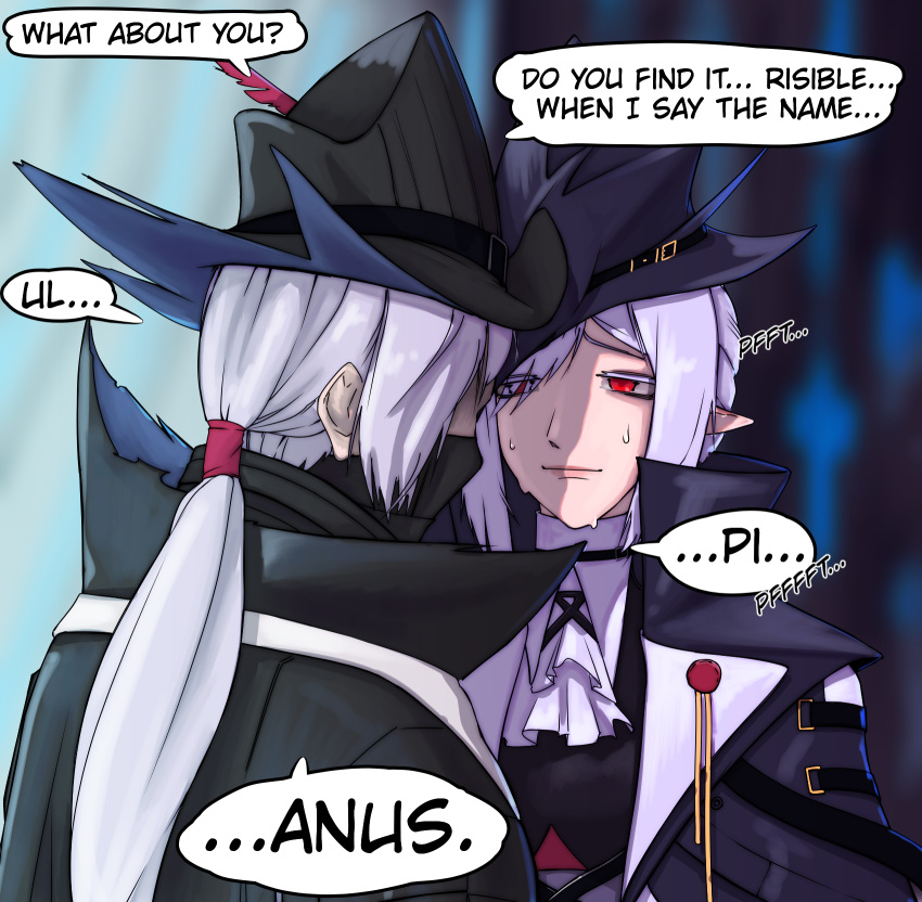 1boy, 1girl, arknights, black_coat, black_hat, closed_mouth, coat, english_commentary, english_text, gladiia_(arknights), grey_hair, hat, highres, long_hair, long_sleeves, looking_at_another, monty_python, monty_python_and_the_holy_grail, poddthelupo, pointy_ears, ponytail, red_eyes, sidelocks, smile, speech_bubble, standing, stifled_laugh, sweat, ulpianus_(arknights), upper_body