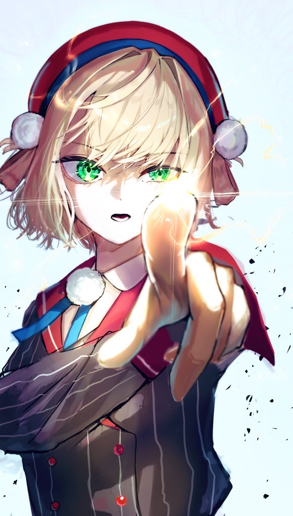 1girl, beret, black_jacket, blonde_hair, collared_shirt, electricity, green_eyes, hat, indie_virtual_youtuber, jacket, pointing, pointing_at_viewer, red_hat, shigure_ui_(vtuber), shigure_ui_(vtuber)_(1st_costume), shirt, simple_background, solo, upper_body, virtual_youtuber, white_background, white_shirt, xue_lian_wa_noel