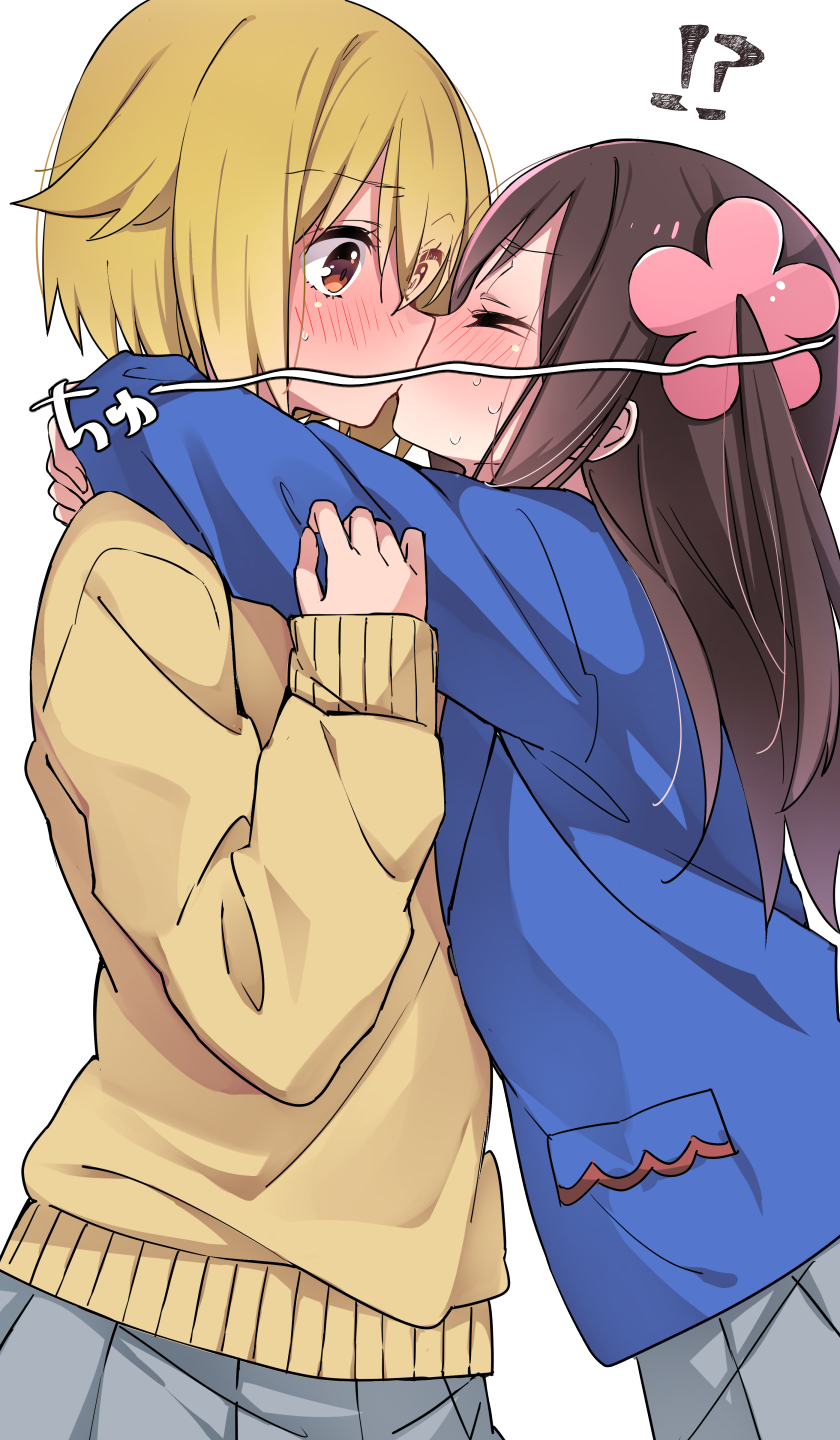 2girls, blonde_hair, blue_jacket, blush, brown_eyes, brown_hair, closed_eyes, convenient_censoring, flower, full-face_blush, grabbing_another's_arm, grey_skirt, hair_flower, hair_ornament, highres, hitori_bocchi, hitoribocchi_no_marumaru_seikatsu, hug, jacket, kiss, long_hair, long_sleeves, medium_hair, mole, mole_under_eye, multiple_girls, pleated_skirt, simple_background, sk02, skirt, sunao_nako, sweater, white_background, yellow_sweater, yuri