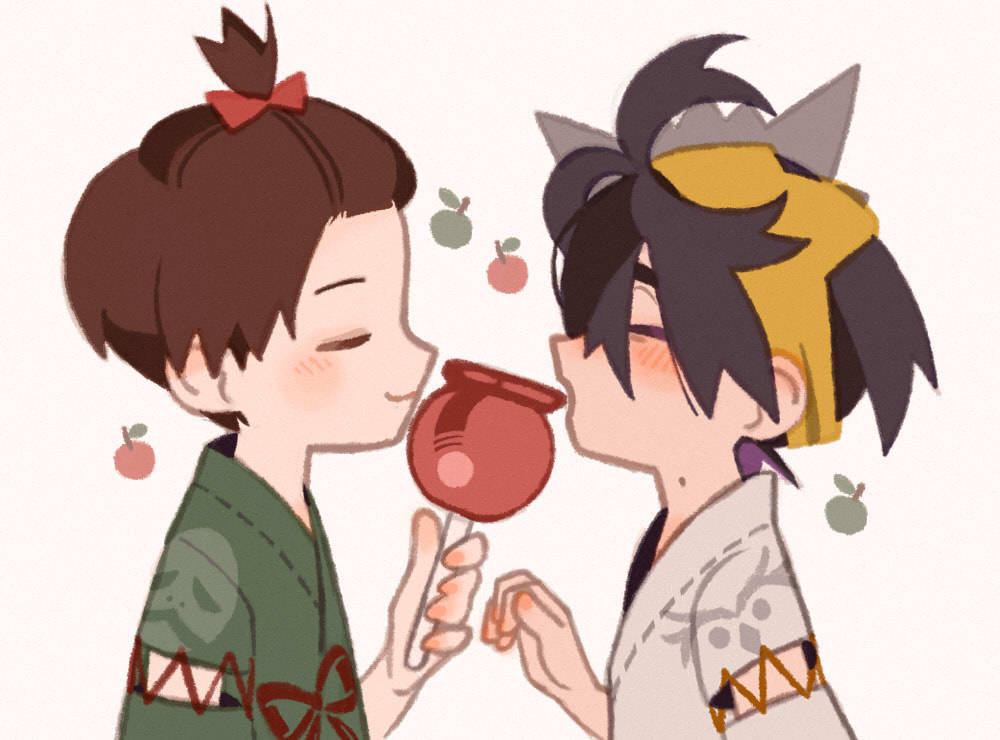 2boys, blush, bow, brown_hair, candy_apple, closed_eyes, closed_mouth, commentary_request