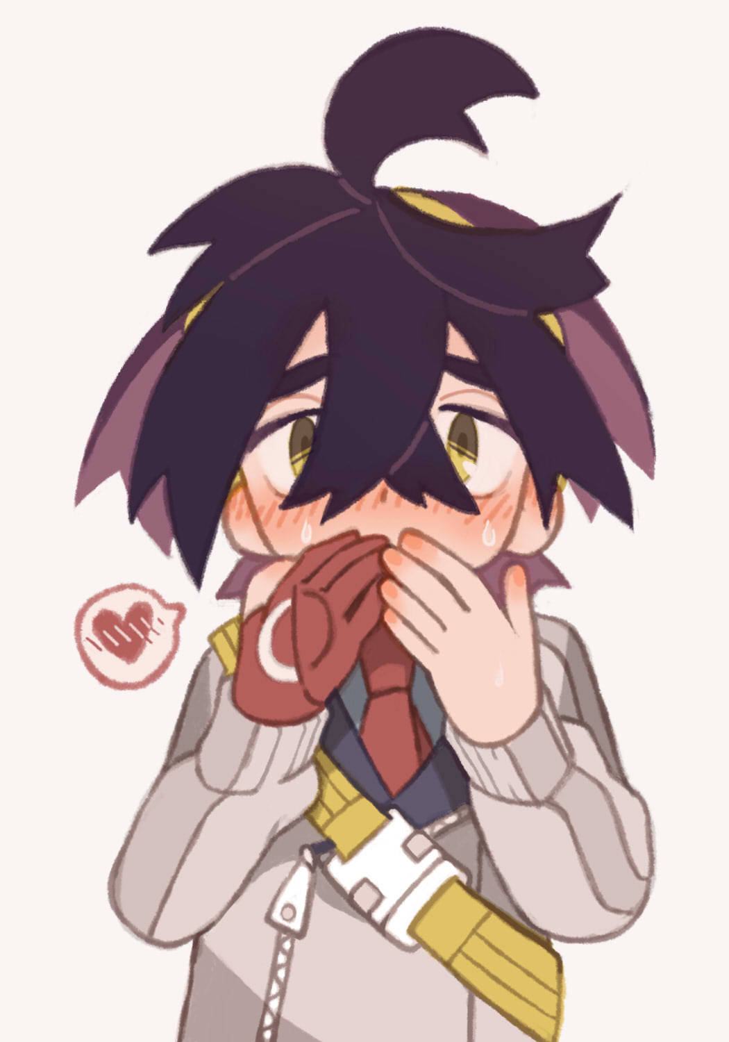 1boy, black_hair, blush, colored_inner_hair, commentary_request, crossed_bangs, gloves, grey_jacket