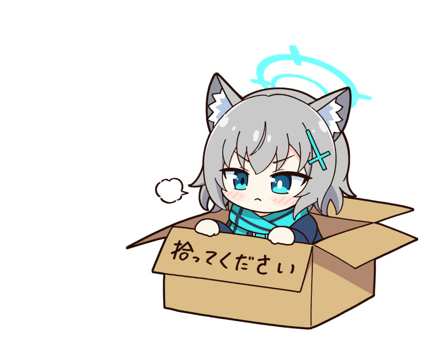 1girl, achilles_(yosshyachillesd), animal_ear_fluff, animal_ears, black_jacket, blazer, blue_archive, blue_eyes, blue_halo, blue_necktie, blue_scarf, blush, box, closed_mouth, cross_hair_ornament, grey_hair, hair_ornament, halo, highres, in_box, in_container, jacket, long_sleeves, medium_hair, mismatched_pupils, necktie, scarf, shiroko_(blue_archive), shiroko_(young)_(blue_archive), simple_background, solo, white_background, wolf_ears