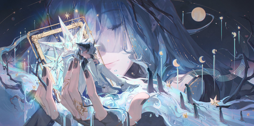 1boy, 1girl, arknights, black_nails, cloak, closed_eyes, fingerless_gloves, frame