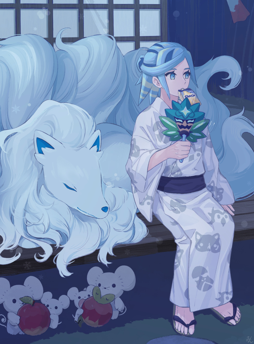 1boy, alolan_ninetales, alternate_costume, applin, arm_support, black_sash, blue_eyes, blue_hair
