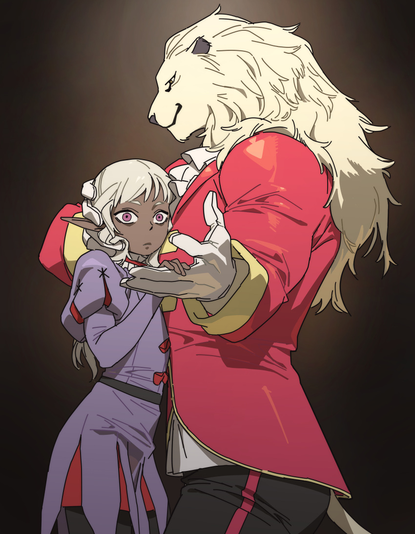 1boy, absurdres, androgynous, ascot, black_background, dark-skinned_male, dark_elf, dark_skin