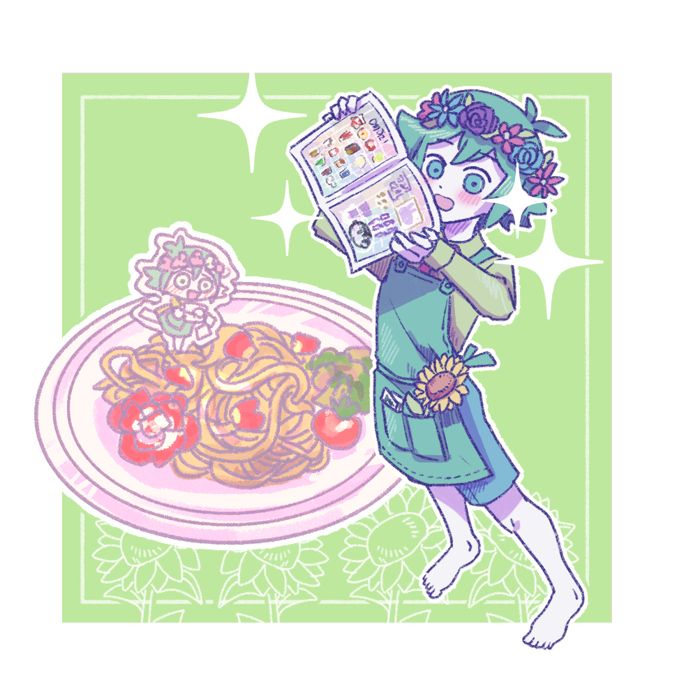 1boy, apron, barefoot, basil_(headspace)_(omori), basil_(omori), blush, collared_shirt, colored_skin, flower, food, green_apron, green_eyes, green_hair, green_shirt, head_wreath, long_sleeves, looking_at_viewer, necktie, omori, open_mouth, pasta, plate, red_necktie, shirt, short_hair, smile, solo, spaghetti, sparkle, sunflower, tori_(alpaca-alpaca), white_skin