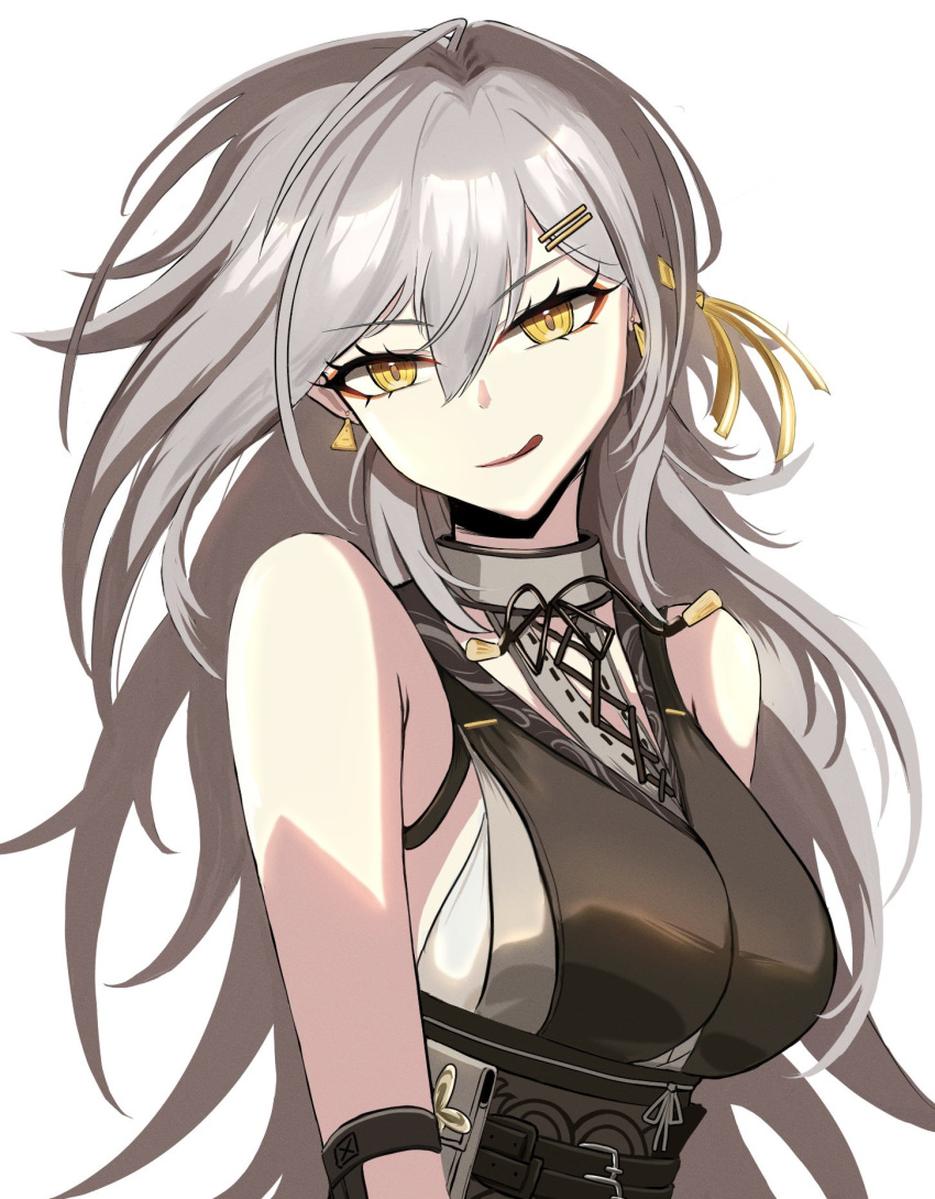 1girl, :q, armpit_crease, bare_shoulders, black_dress, breasts, commentary, cosplay, dress, earrings, english_commentary, eyeliner, female_rover_(wuthering_waves), female_rover_(wuthering_waves)_(cosplay), grey_hair, hair_between_eyes, hair_ornament, hair_ribbon, hairclip, highres, honkai:_star_rail, honkai_(series), jewelry, large_breasts, long_hair, looking_at_viewer, lunaliene_ray, makeup, red_eyeliner, ribbon, rover_(wuthering_waves), simple_background, solo, stelle_(honkai:_star_rail), tongue, tongue_out, trailblazer_(honkai:_star_rail), upper_body, white_background, wuthering_waves, yellow_eyes, yellow_ribbon