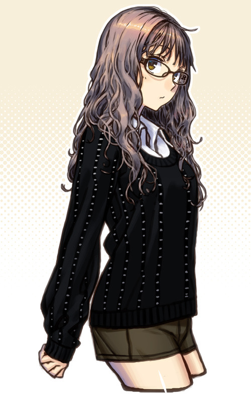 1girl, black_sweater, brown_eyes, cowboy_shot, expressionless, glass, glasses, grey_hair