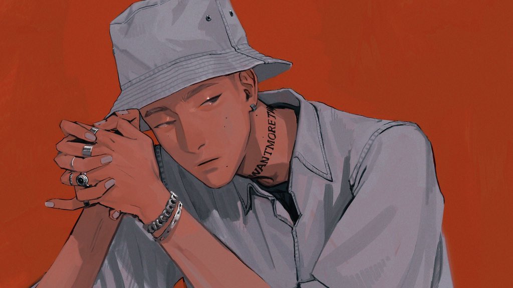 1boy, black_eyes, black_undershirt, body_writing, bracelet, brown_hair, collared_shirt, commentary, ear_piercing, expressionless, fingernails, hashtag-only_commentary, hat, interlocked_fingers, jewelry, looking_at_viewer, male_focus, mole, mole_on_neck, multiple_moles, multiple_rings, neck_tattoo, original, own_hands_together, parted_lips, piercing, pink_lips, red_background, ring, sekuda, shaved_head, shirt, short_hair, simple_background, sleeves_rolled_up, solo, tattoo, thick_eyebrows, upper_body, very_short_hair, white_hat, white_shirt