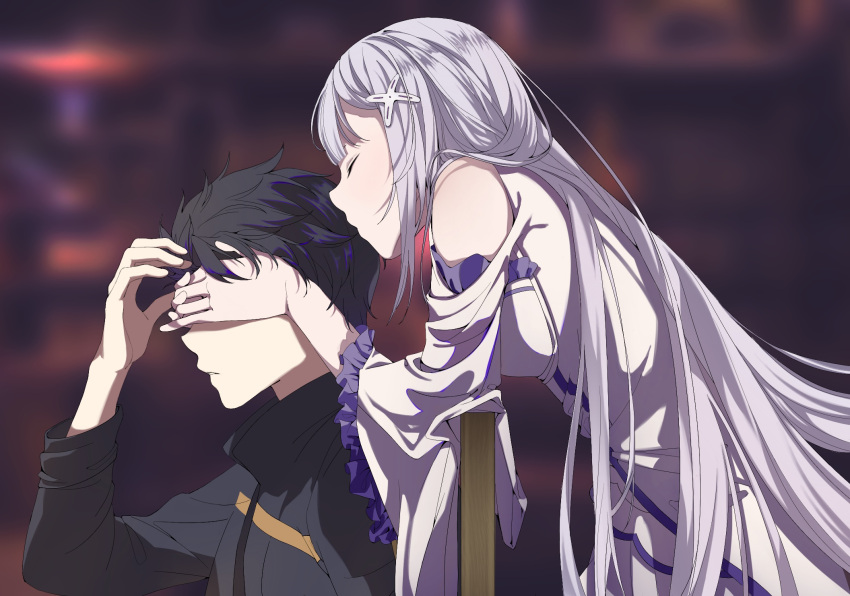 1boy, 1girl, bare_shoulders, black_hair, blurry, blurry_background, breasts, closed_eyes, clothing_cutout, comforting, covered_eyes, covering_another's_eyes, dress, emilia_(re:zero), from_side, hair_ornament, highres, indoors, isoooo, jacket, leaning_on_object, long_hair, long_sleeves, medium_breasts, natsuki_subaru, on_chair, open_mouth, re:zero_kara_hajimeru_isekai_seikatsu, short_hair, shoulder_cutout, sitting, track_jacket, upper_body, white_hair, wide_sleeves, x_hair_ornament