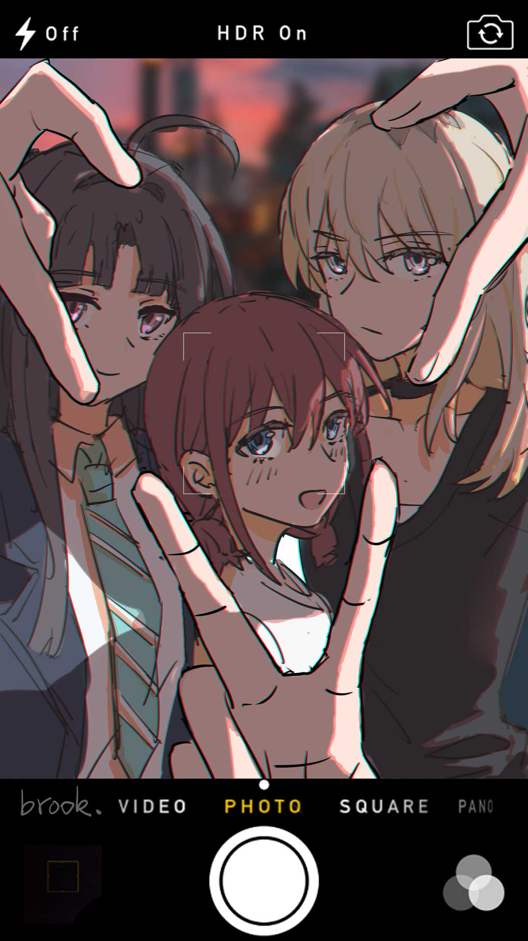 33brook33, 3girls, ahoge, awa_subaru, black_choker, black_hair, black_shirt, blue_eyes
