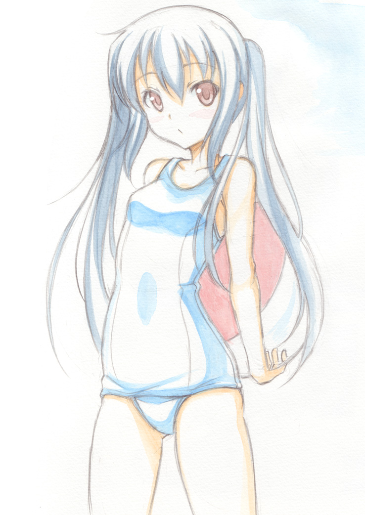 black_hair, brown_eyes, graphite_(medium), k-on!, lemonmaiden, long_hair, nakano_azusa, one-piece_swimsuit, school_swimsuit, soukai_(lemonmaiden), swimsuit, traditional_media, twintails, watercolor_(medium)