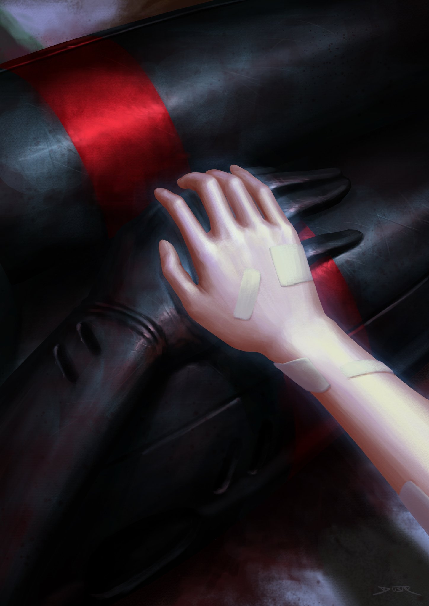2girls, android, ariane_yeong, bandaid, bandaid_on_hand, blood, blood_on_hands, dustykuro
