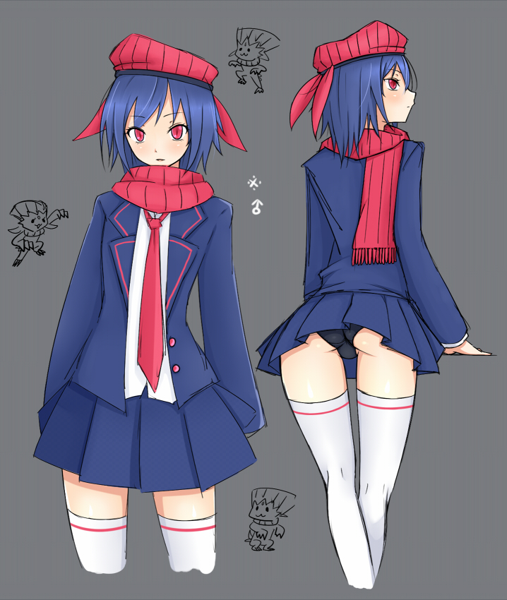 1boy, ass, black_panties, blazer, blue_hair, crossdressing, crossdressinging, emukon