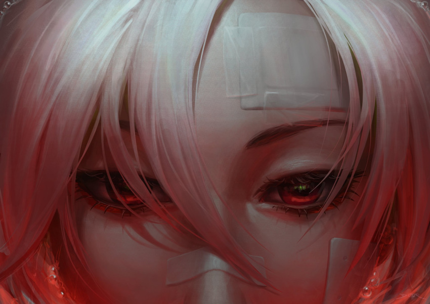 1girl, ariane_yeong, bandaid, bandaid_on_cheek, bandaid_on_face, bandaid_on_forehead, bandaid_on_nose, close-up, dustykuro, hair_between_eyes, highres, looking_at_viewer, realistic, red_eyes, signalis, solo, white_hair