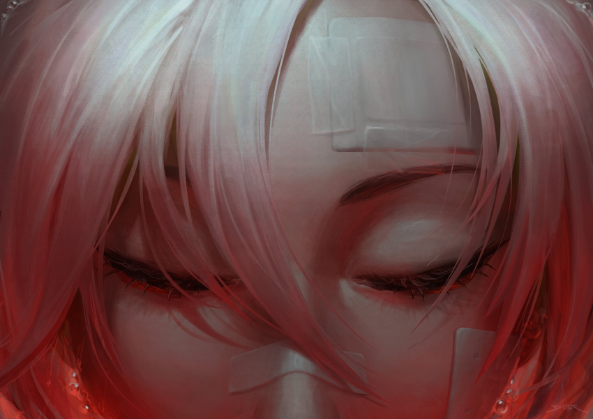 1girl, ariane_yeong, bandaid, bandaid_on_cheek, bandaid_on_face, bandaid_on_forehead, bandaid_on_nose, close-up, closed_eyes, dustykuro, facing_viewer, hair_between_eyes, highres, realistic, signalis, solo, white_hair