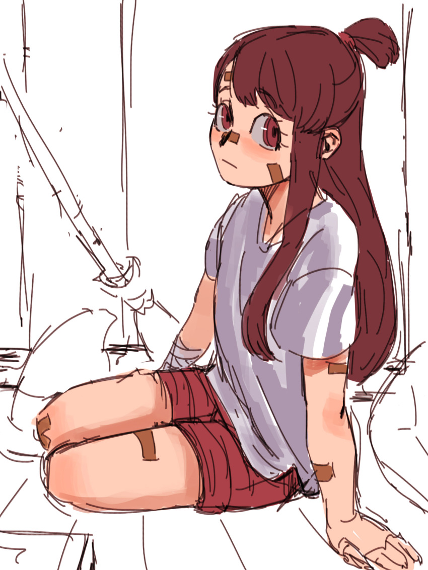 1girl, arm_support, asymmetrical_bangs, bandaged_arm, bandages, bandaid, bandaid_on_arm, bandaid_on_cheek
