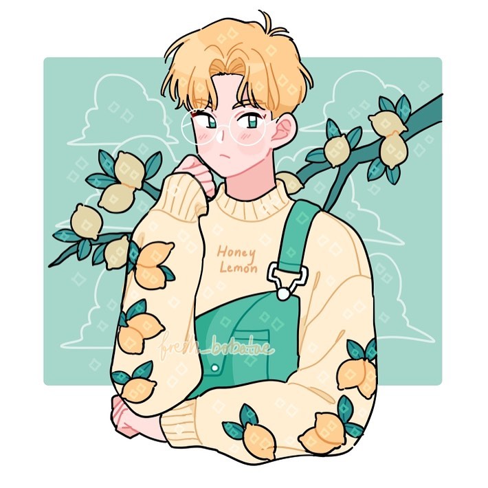 1boy, artist_name, blonde_hair, border, branch, clouds, draw_this_in_your_style_challenge, emily_kim