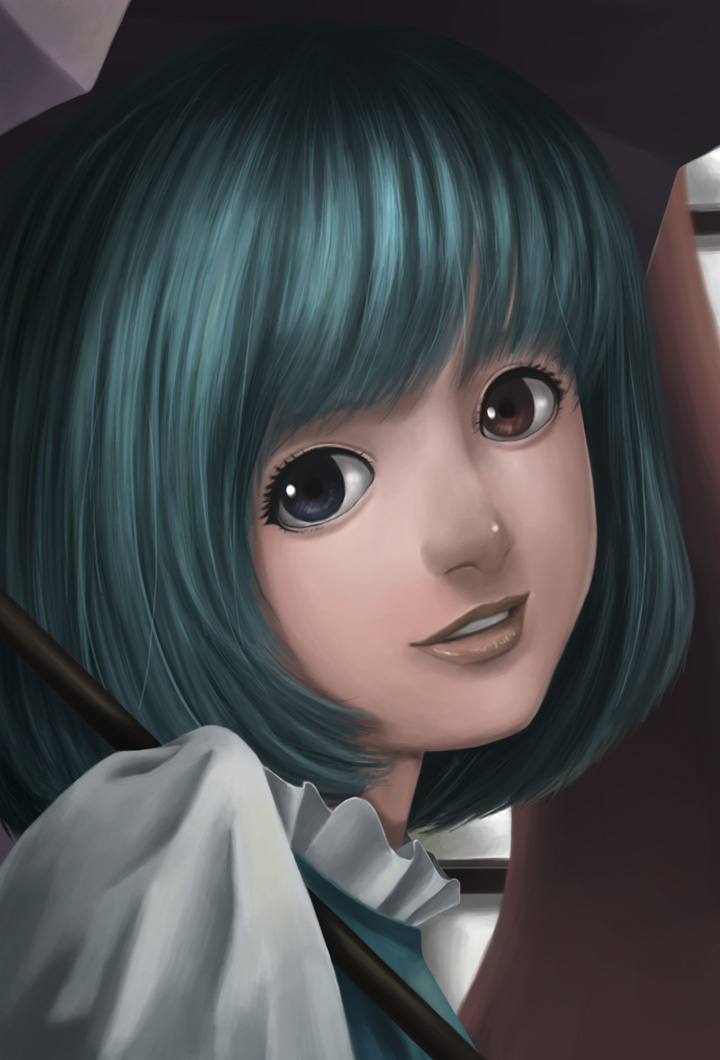 blue_hair, bob_cut, control5, eyelashes, face, heterochromia, lips, red_eyes