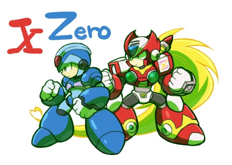 2boys, android, armor, blonde_hair, blue_armor, blue_helmet, character_name, chest_jewel
