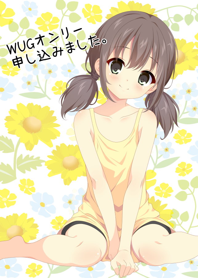 1girl, barefoot, bike_shorts, black_shorts, brown_eyes, brown_hair, floral_background, flower