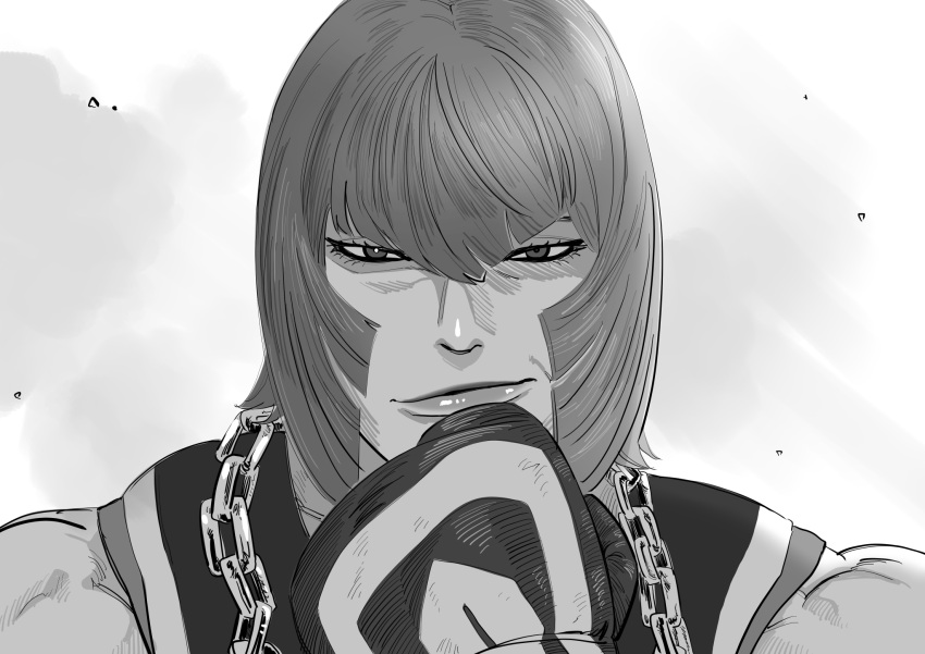 1girl, chain, chain_necklace, commentary_request, eyebrows_hidden_by_hair, fingerless_gloves, gloves, greyscale