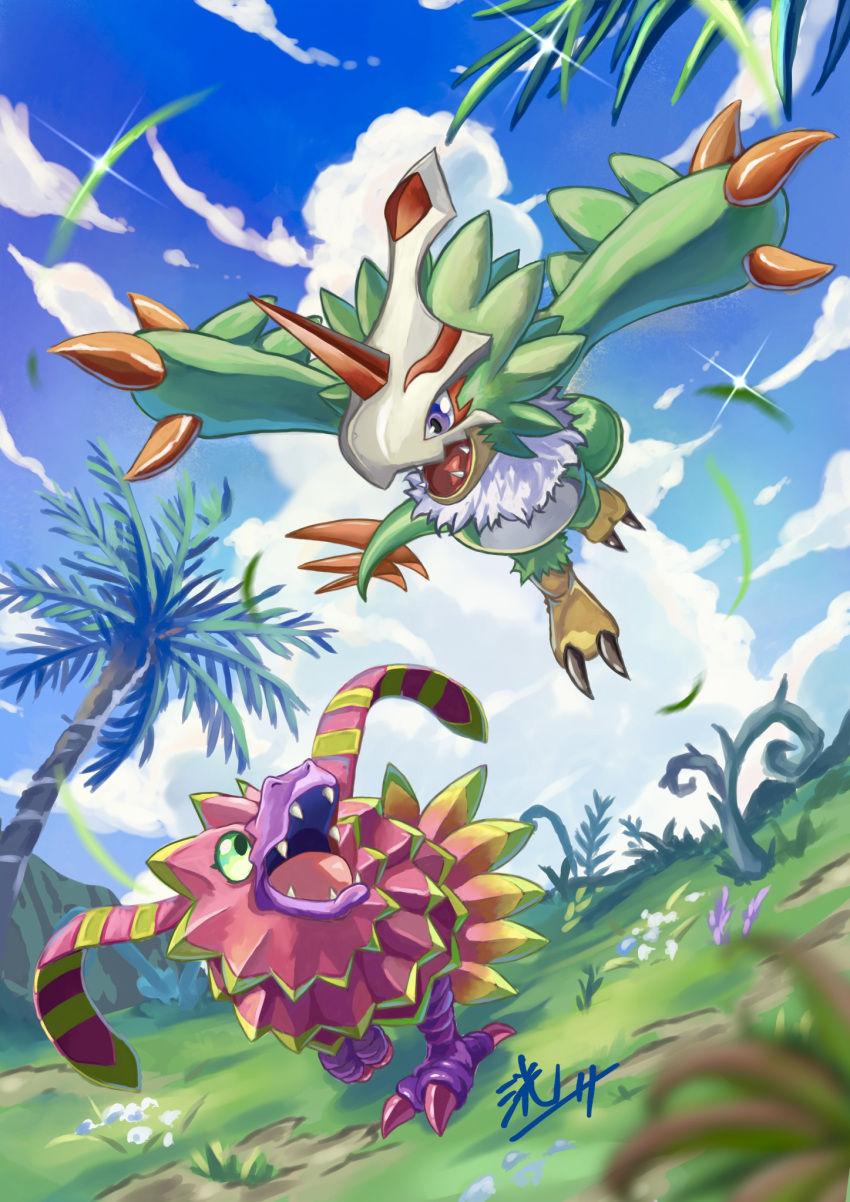 beak, bird, blurry, blurry_foreground, clouds, digimon, digimon_(creature), digimon_liberator