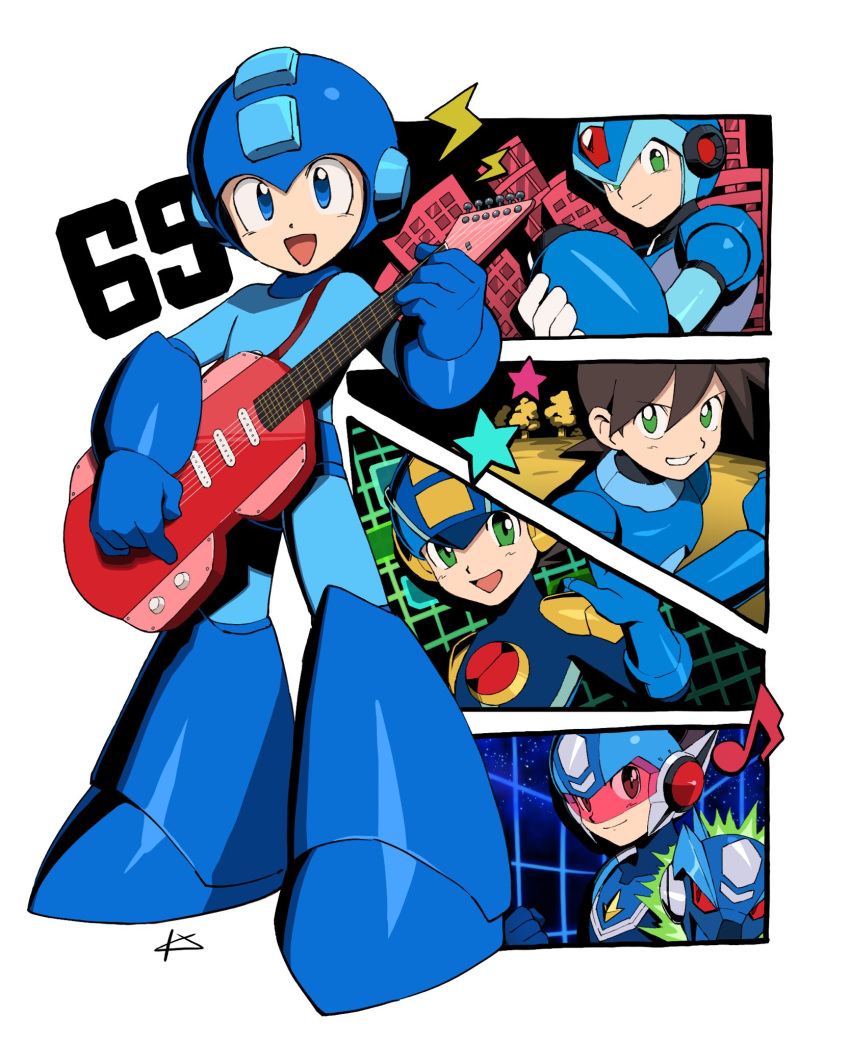 5boys, arm_cannon, armor, artist_name, assault_visor, blue_armor, blue_bodysuit, blue_eyes, blue_helmet, bodysuit, brown_hair, electric_guitar, forehead_jewel, full_body, geo_stelar_(mega_man), green_eyes, guitar, helmet, highres, holding, holding_guitar, holding_instrument, in-franchise_crossover, instrument, male_focus, mega_man_(character), mega_man_(classic), mega_man_(series), mega_man_battle_network_(series), mega_man_day, mega_man_legends_(series), mega_man_star_force, mega_man_volnutt, mega_man_x_(series), megaman.exe, multiple_boys, musical_note, name_connection, number_pun, omega-xis_(mega_man), red-tinted_eyewear, star_(symbol), star_force_mega_man, tinted_eyewear, touhou3939, upper_body, v, weapon, x_(mega_man), x_buster