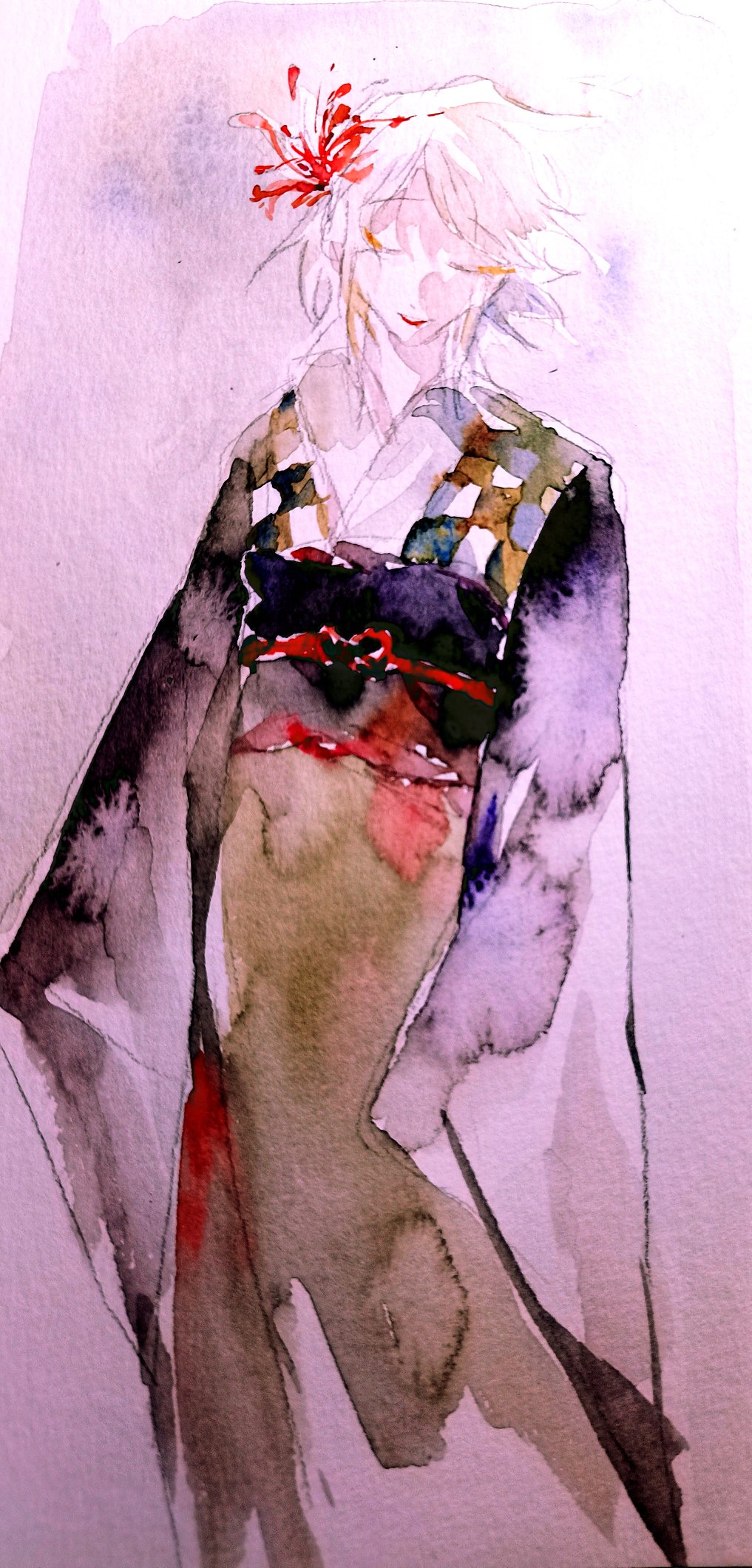 1other, alternate_costume, androgynous, black_sash, black_sleeves, checkered_clothes, checkered_kimono, closed_eyes