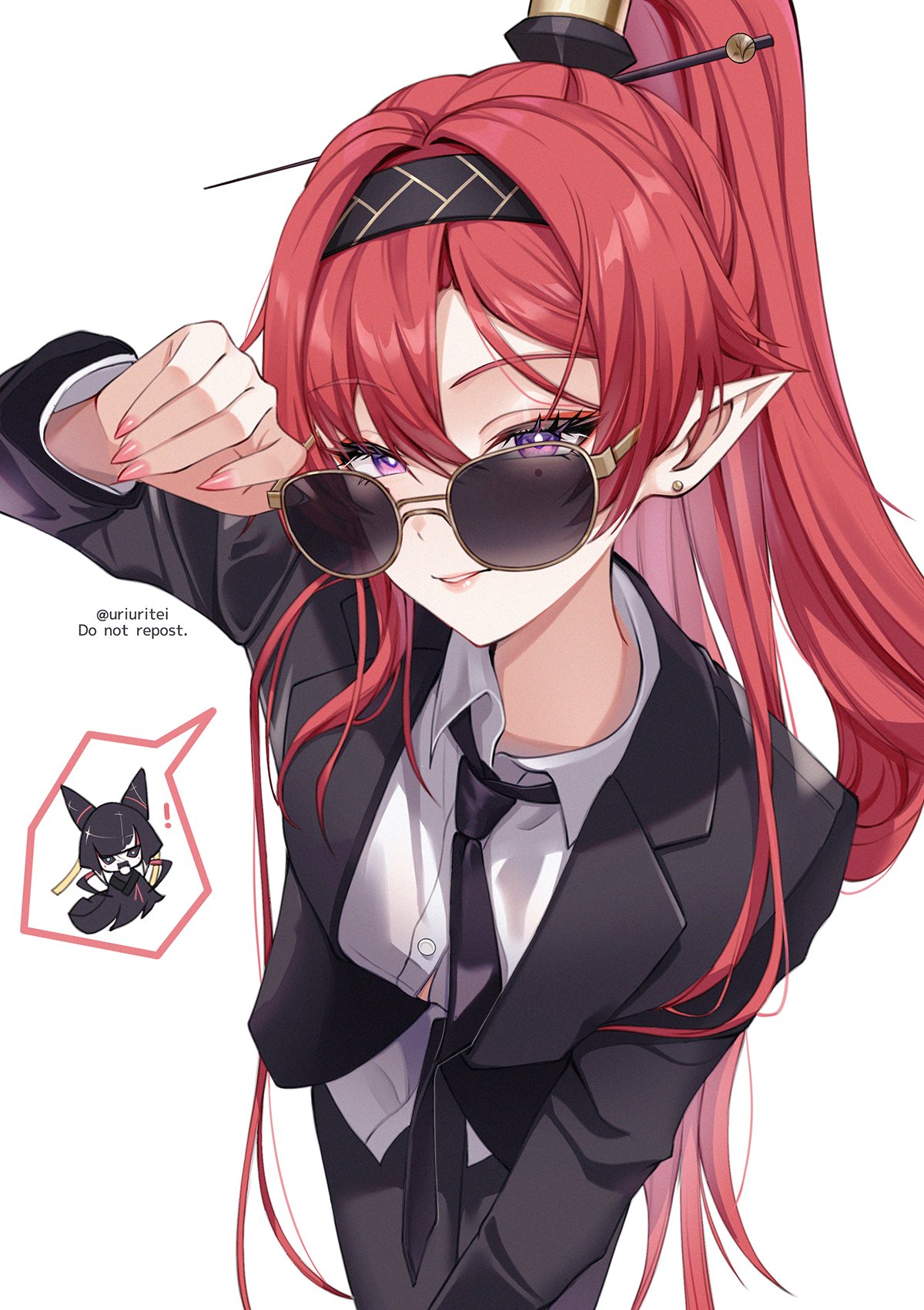 2girls, black_suit, bright_pupils, character_request, chinese_hairpin, collared_shirt, hair_ornament, hairpin, high_ponytail, highres, mole, mole_under_each_eye, mole_under_eye, multiple_girls, multiple_moles, nail_polish, necktie, pink_nails, redhead, shirt, simple_background, suit, twitter_username, uriuritei, violet_eyes, white_background, white_pupils, white_shirt, wuthering_waves, yinlin_(wuthering_waves)