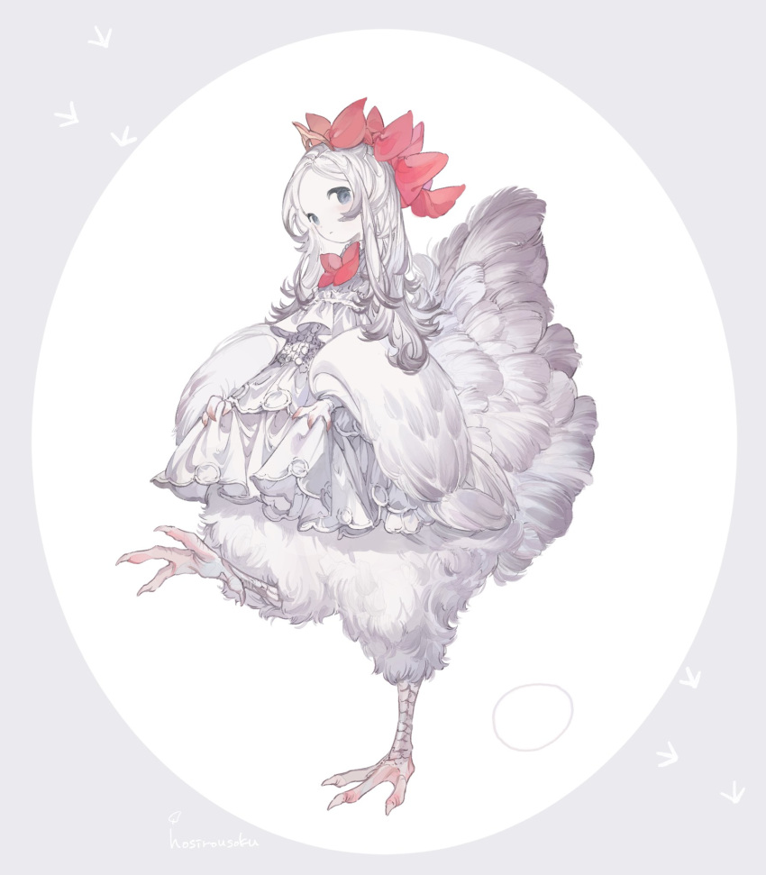 1girl, ascot, bird_girl, bird_legs, bird_tail, bird_wings, black_eyes, bow