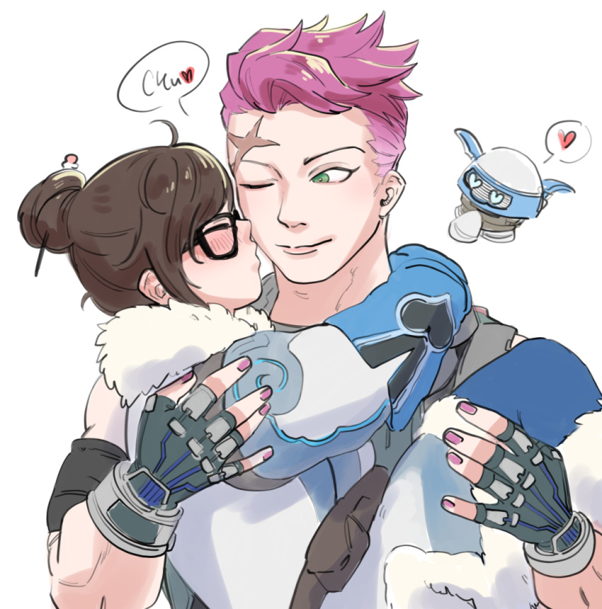 2girls, black-framed_eyewear, blue_gloves, blush, brown_hair, character_request, closed_eyes, coat, cross_scar, fingerless_gloves, glasses, gloves, green_eyes, hair_bun, hair_ornament, hair_stick, heart, heart-shaped_eyes, mei_(overwatch), multiple_girls, muscular, muscular_female, one_eye_closed, overwatch, pink_hair, pink_nails, princess_connect!, puckered_lips, scar, scar_on_face, scar_on_forehead, shirokuro_ookami, short_hair, single_hair_bun, spoken_heart, undercut, winter_clothes, winter_coat, yuri, zarya_(overwatch)