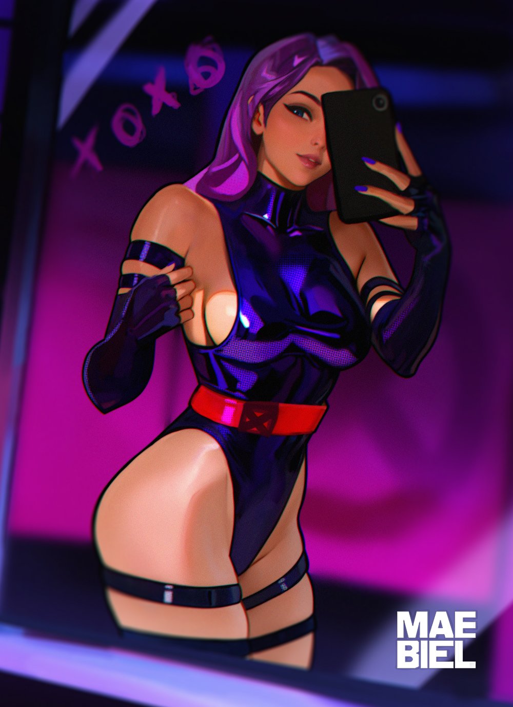 1girl, artist_name, ass, blue_eyes, breasts, cellphone, elbow_gloves, fingerless_gloves, gloves, highleg, highleg_leotard, highres, holding, holding_phone, impossible_clothes, impossible_leotard, large_breasts, leotard, long_hair, looking_at_mirror, maebiel, marvel, mirror, phone, psylocke, purple_hair, purple_leotard, red_sash, sash, selfie, solo, superhero_costume, thigh-highs, thighs, waist_sash, x-men
