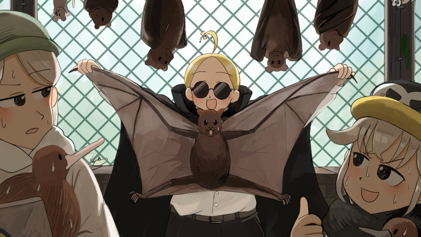 3girls, :d, absurdres, ahoge, bat_(animal), bird, black_cape, black_pants